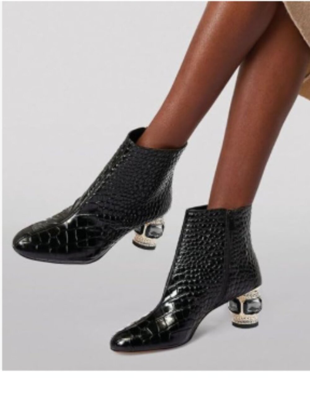 FSJ Black Crocodile Print Round Toe Crystal Block Low Heel Ankle Boots